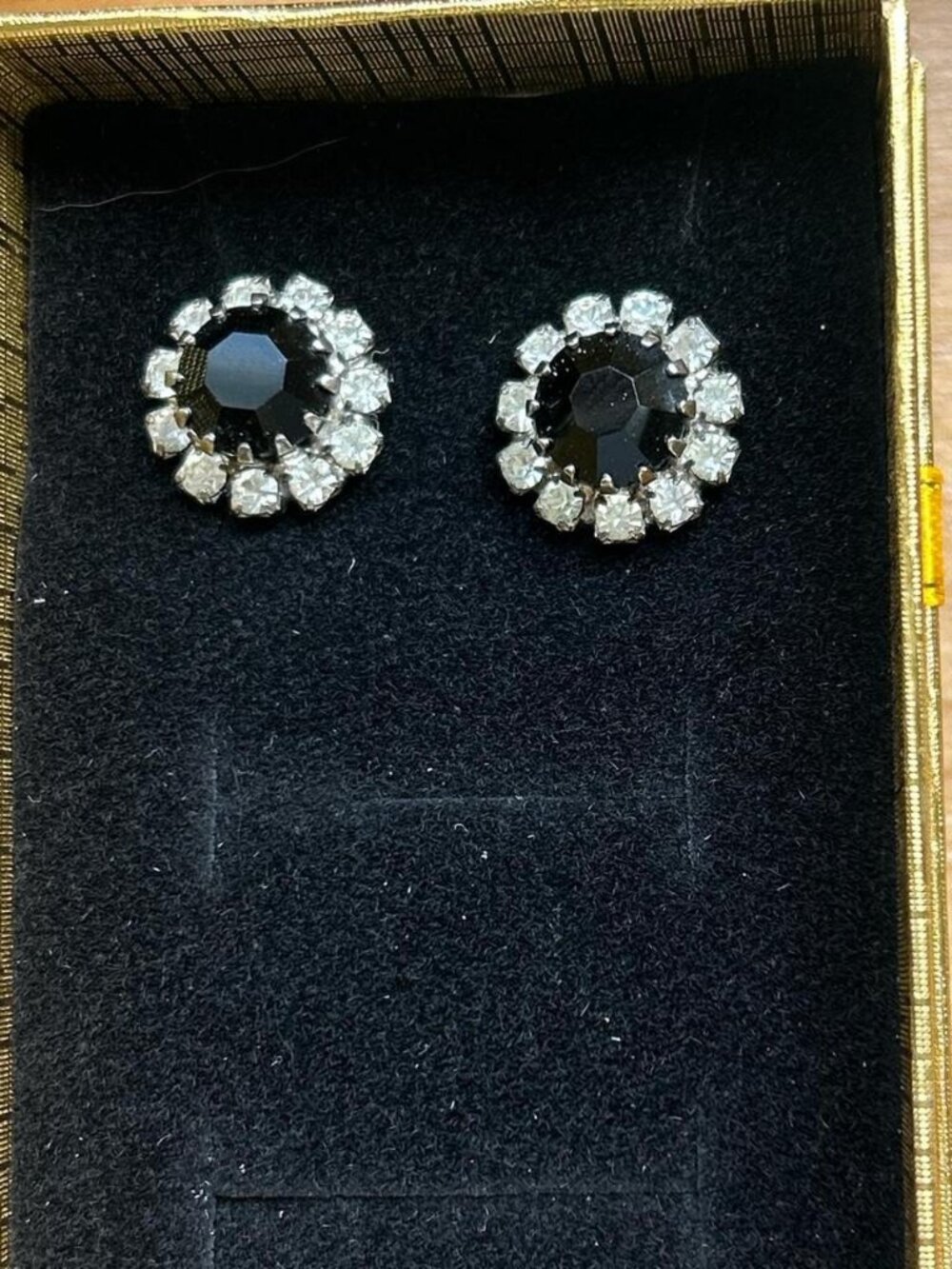 Gold and black rhinestone earrings. Costume jewelry